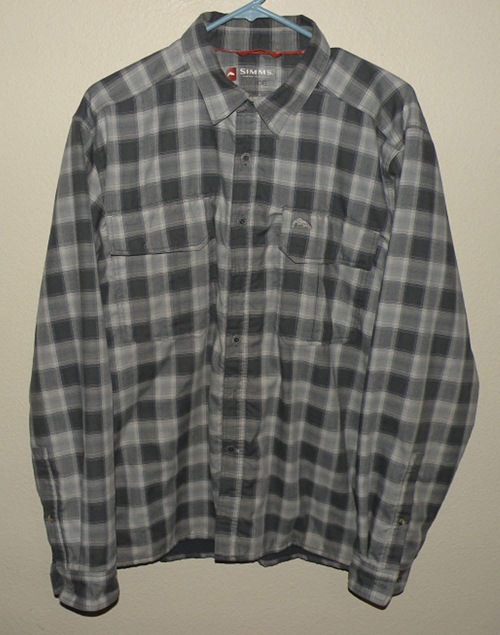 Simms Guide Series Mens Large Waffle Knit Thermal Lined Button Shirt Gray Plaid
